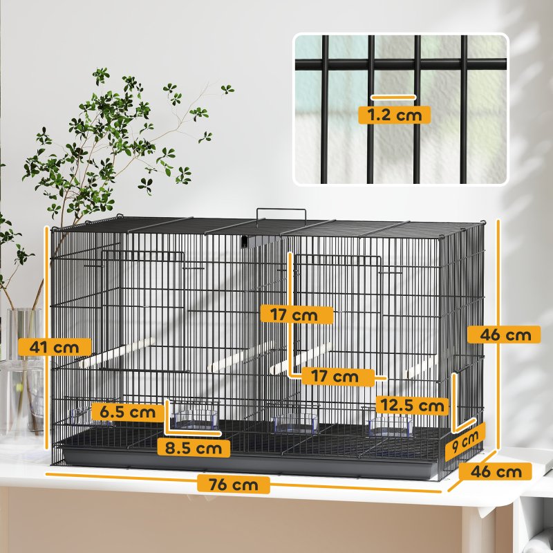 PawHut Bird Cage with Divider, Parrot Cage with 4 Wooden Perches, Slide Out Tray, 4 Feeders, for Budgie, Lovebird, Canary, Finches, 76 x 46 x 46cm, Black