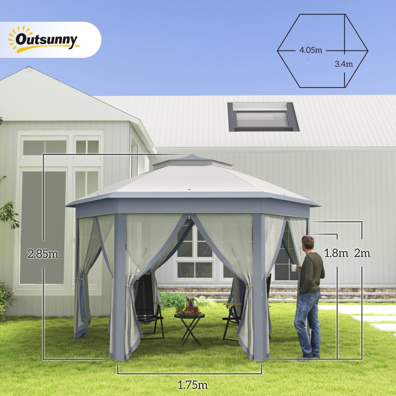 Outsunny 3 x 4m Garden Gazebo Hexagon Pop Up Gazebo Party Tent Canopy Double Roof Instant Shelter with Netting and Carry Bag for Outdoor Patio, Grey