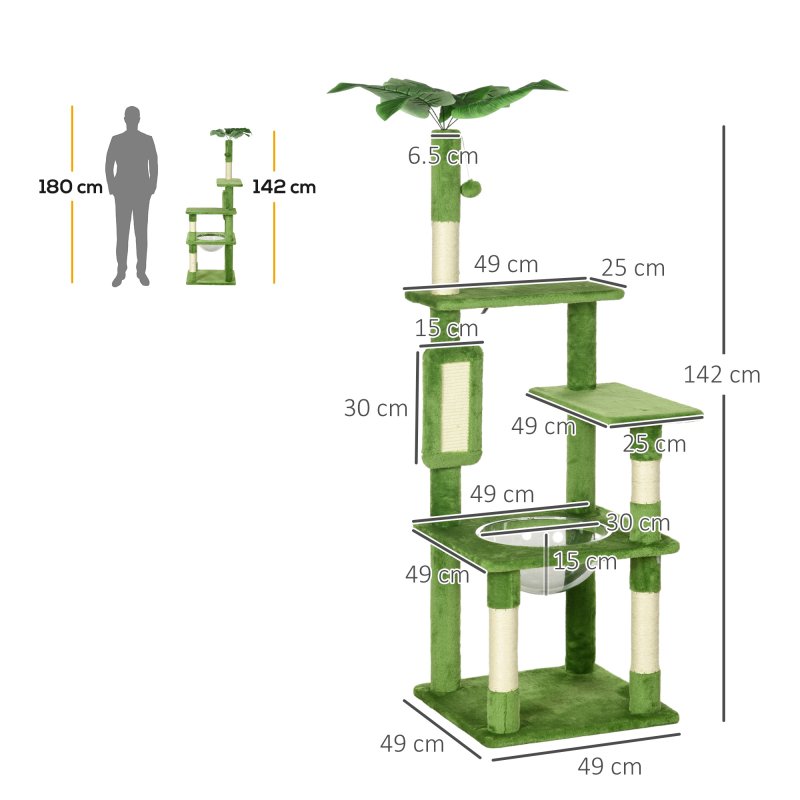PawHut 142cm Cat Tree for Indoor Cats, Cat Tower with Scratching Posts, Scratch Board, Hammock, Toy Balls, Multi-level Platforms, Green