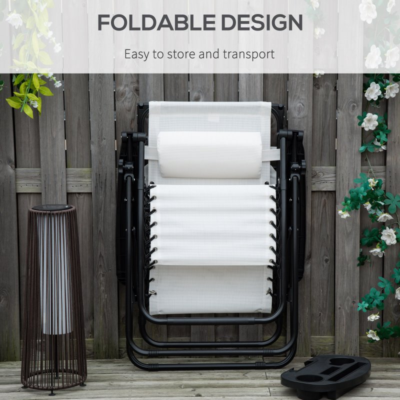 Outsunny Foldable Reclining Garden Chair with Headrest, Zero Gravity Deck Sun Lounger Seat Chair with Footrest, Armrest, Cup Holder & Canopy Shade, White