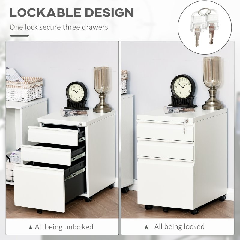 Vinsetto 3-Drawer Filing Cabinet with Lock, Mobile Steel File Cabinet for A4, Legal and Letter Size, Under Desk Drawers with Pre-Assembled Body for Home Office, 39 x 48 x 60 cm, White