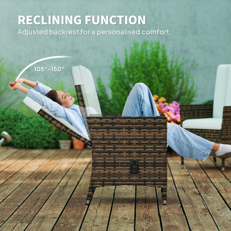 Outsunny Rattan Garden Recliner Chair, Wicker Reclining Armchair with Adjustable Backrest and Cushion, Outdoor Lounge Sun Lounger with Armrests for Patio Balcony Porch, Cream White