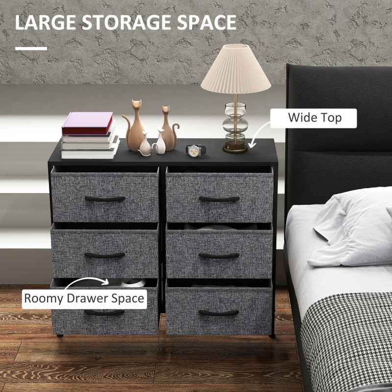 HOMCOM Fabric Chest of Drawers, Storage Drawers, Industrial Bedroom Dresser with 6 Fabric Drawers, Steel Frame and Wooden Top for Nursery, Living Room, Hallway, Black