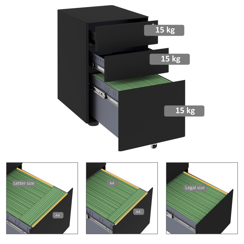 Vinsetto 3-Drawer Mobile Filing Cabinet, Steel Lockable File Cabinet for A4, Legal, Letter, Compact Under Desk Storage Unit with Pre-Assembled Body Except Wheels for Home Office, 39 x 48 x 59cm, Black