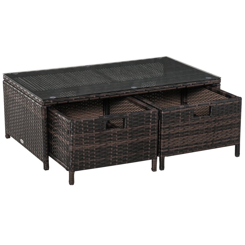 Outsunny 4 Pieces Rattan Garden Furniture Set, 4 Seater Corner Sofa Set with Storage Box, 2 Drawers Coffee Table, Loveseats with Cushions, Wicker Garden Conservatory Furniture for Balcony, Brown