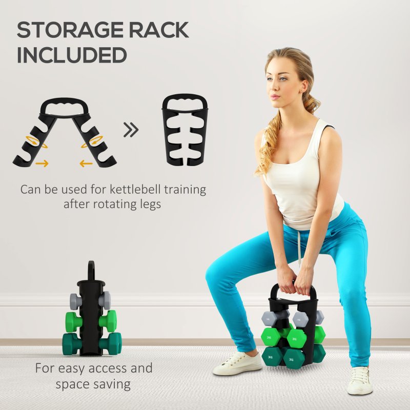 SPORTNOW Dumbbells Set with Carry Storage Rack, Set of 6 Weights for Home Gym, Kettlebell Training Weight Lifting Exercise, 2 x 1kg, 2 x 2kg, 2 x 3kg, Grey