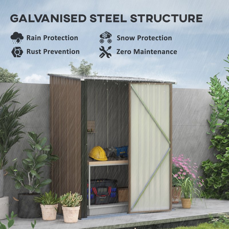 Outsunny 5ft x 3ft Lean to Garden Shed, Metal Outdoor Storage Shed with Single Lockable Door, Tool Storage Shed for Garden, Patio, Brown