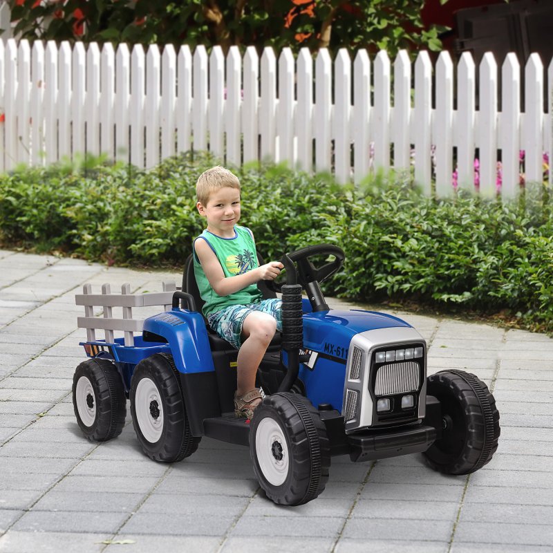 HOMCOM Electric Ride on Tractor 12V Kids Electric Car with Detachable Trailer Remote Control, Music, Horn, Lights, Start-Up Sound, for Ages 3-6 Years - Blue