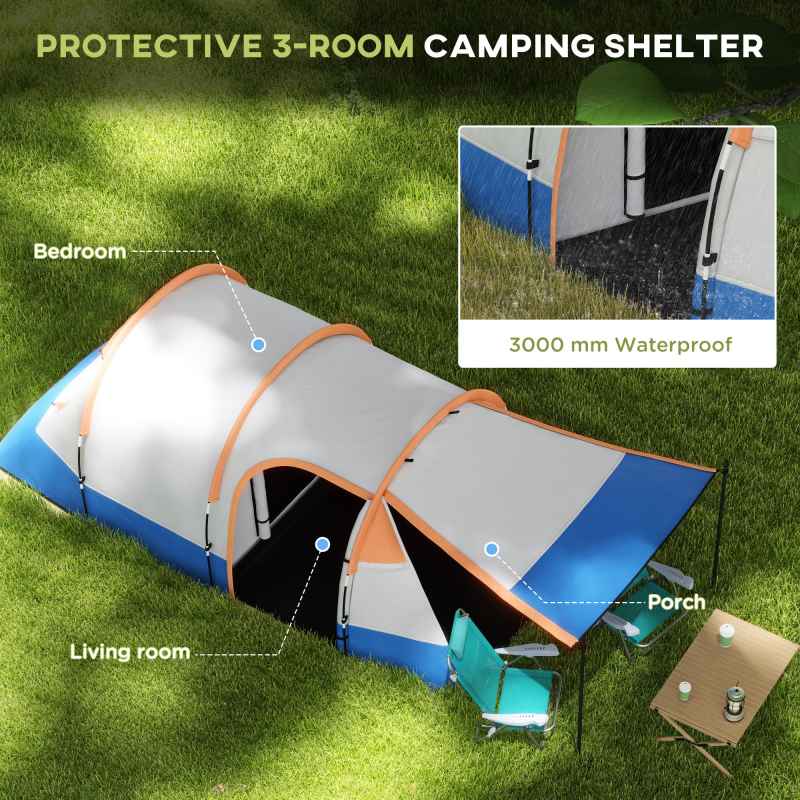 Outsunny 2-3 Man Camping Tent, Tunnel Tent with Weights, Bedroom and Living Room, 2000mm Waterproof, Portable with Bag, for Fishing Hiking Festival, Orange