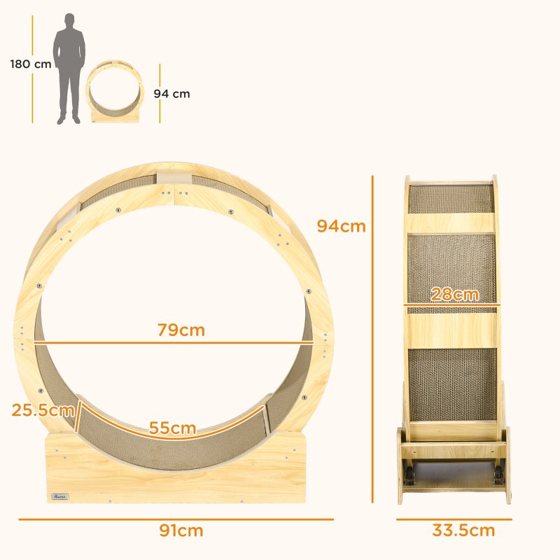 PawHut Cat Wheel for Indoor Cats, Cat Treadmill with Brake, Scratching Pads, Cat Exercise Wheel for Health - Oak Tone