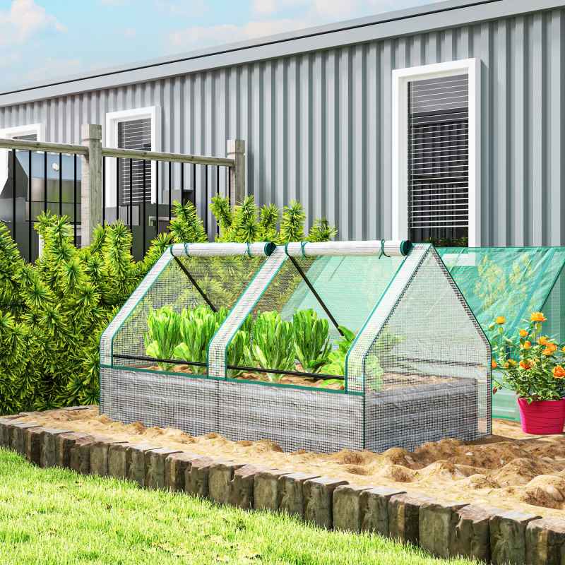 Outsunny Raised Garden Bed with Mini Greenhouse, Outdoor Metal Planter Box with Cover, for Herbs and Vegetables, Use for Patio, Garden, Balcony, White and Dark Grey