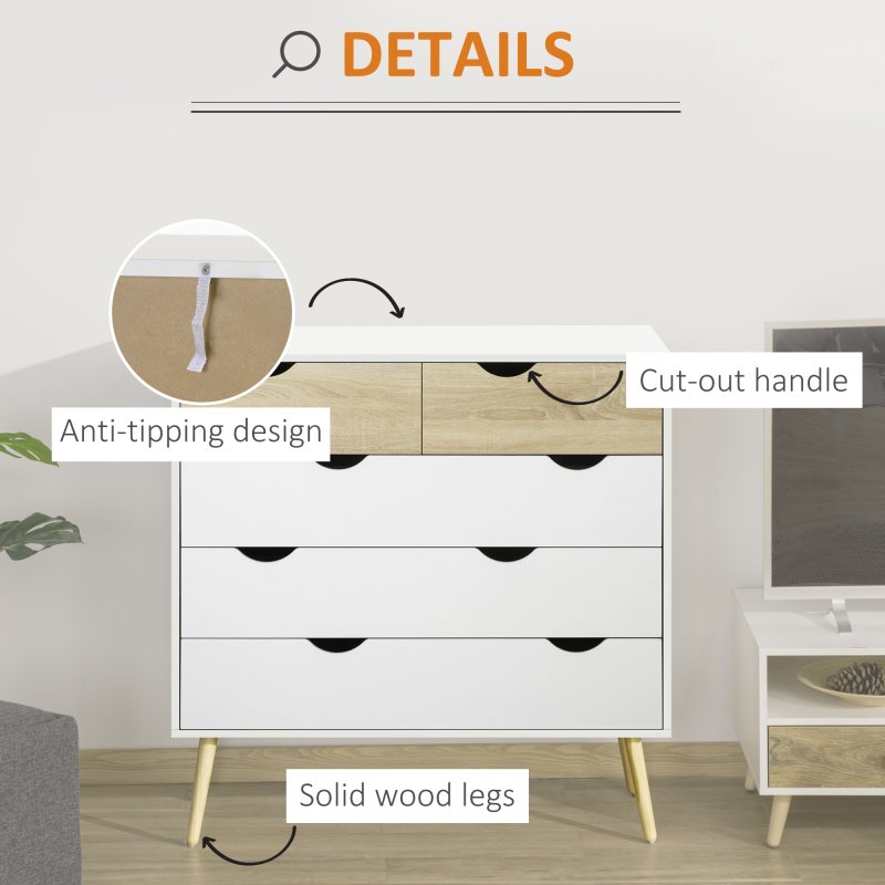 HOMCOM Nordic Style Chest of Drawers, 5 Drawer Dresser with 4 Tapered Legs and Groove Handles, Storage Organiser Side Cabinet for Bedroom, Living Room