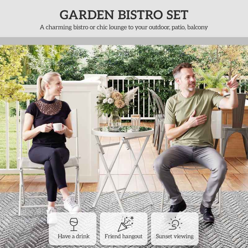 Outsunny 3 Pieces Outdoor Bistro Set, Glass Top Outdoor Table and 2 Folding Chairs, Garden Furniture Set with Protecting Feet, Steel Frame, Easy Clean, White