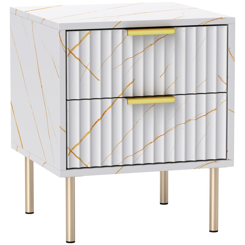 HOMCOM Marble Pattern Bedside Table, Fluted Bedside Cabinet with 2 Drawers, Side End Table with Steel Legs for Bedroom, White