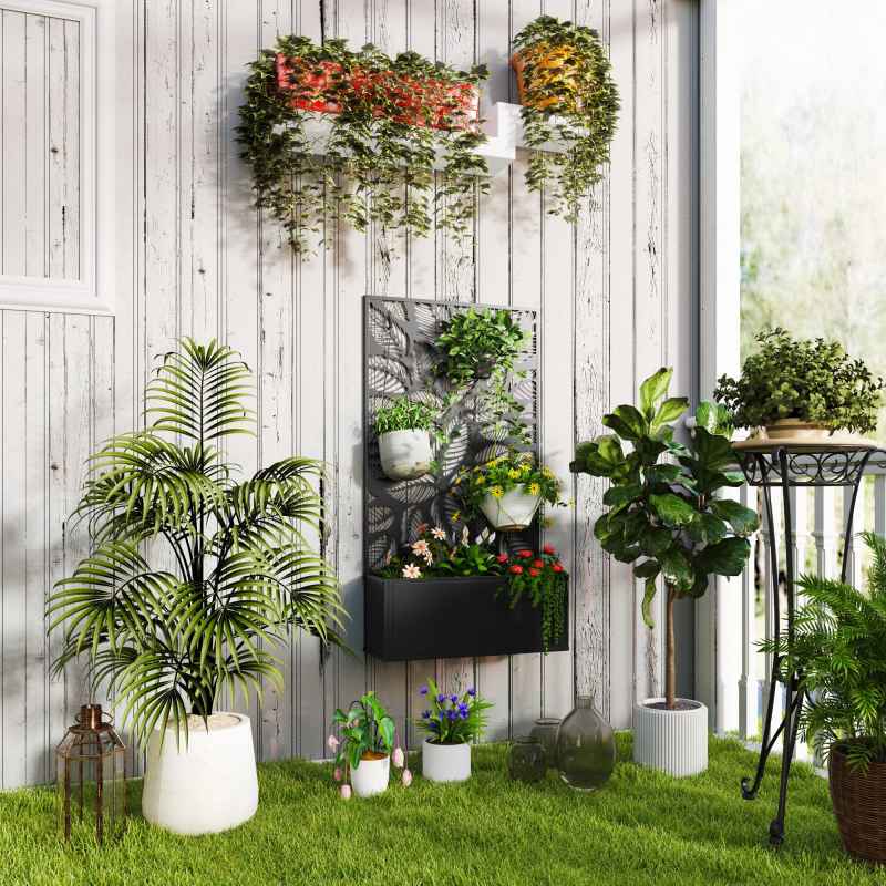 Outsunny Metal Garden Bed with Trellis, Wall Mounted or Freestanding Raised Planter with Privacy Panel, Leaf Cut-out Privacy Screen with Planter Box for Climbing Plants, Flowers, Vegetables