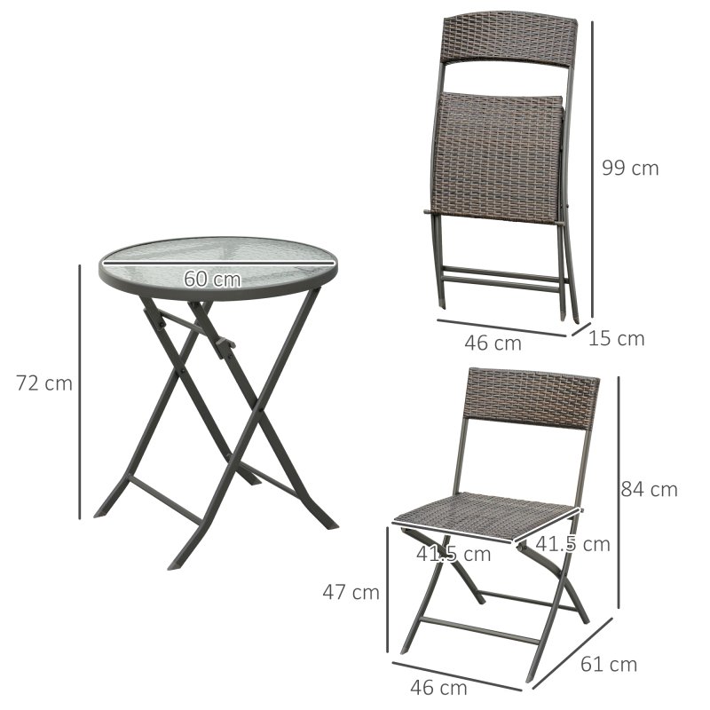 Outsunny 3 Pieces Rattan Bistro Set, Wicker Folding Garden Furniture Set with Round Glass Top Coffee Table and Chairs for Outdoor, Patio, Balcony, Brown