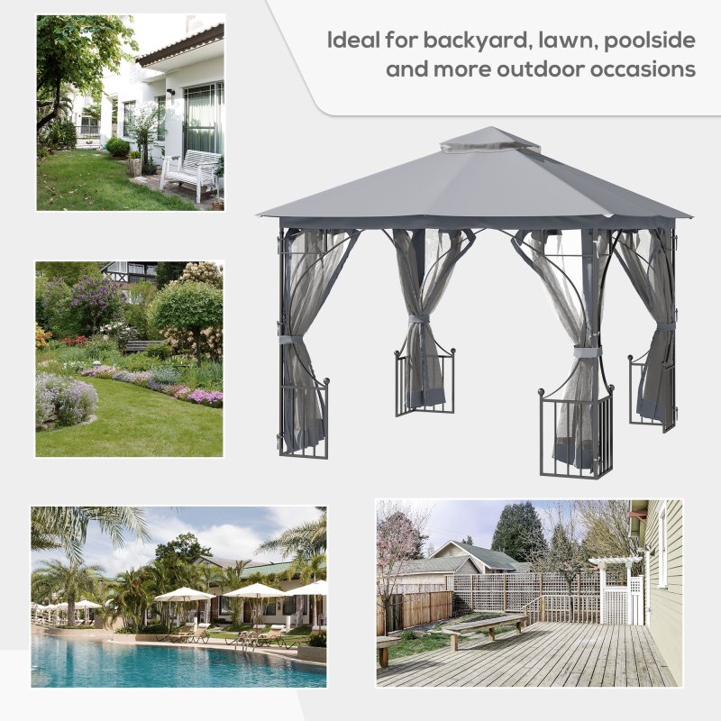 Outsunny 3 x 3m Garden Gazebo Patio Party Tent Shelter Outdoor Canopy Double Tier Sun Shade with Metal Frame and Netting, Light Grey