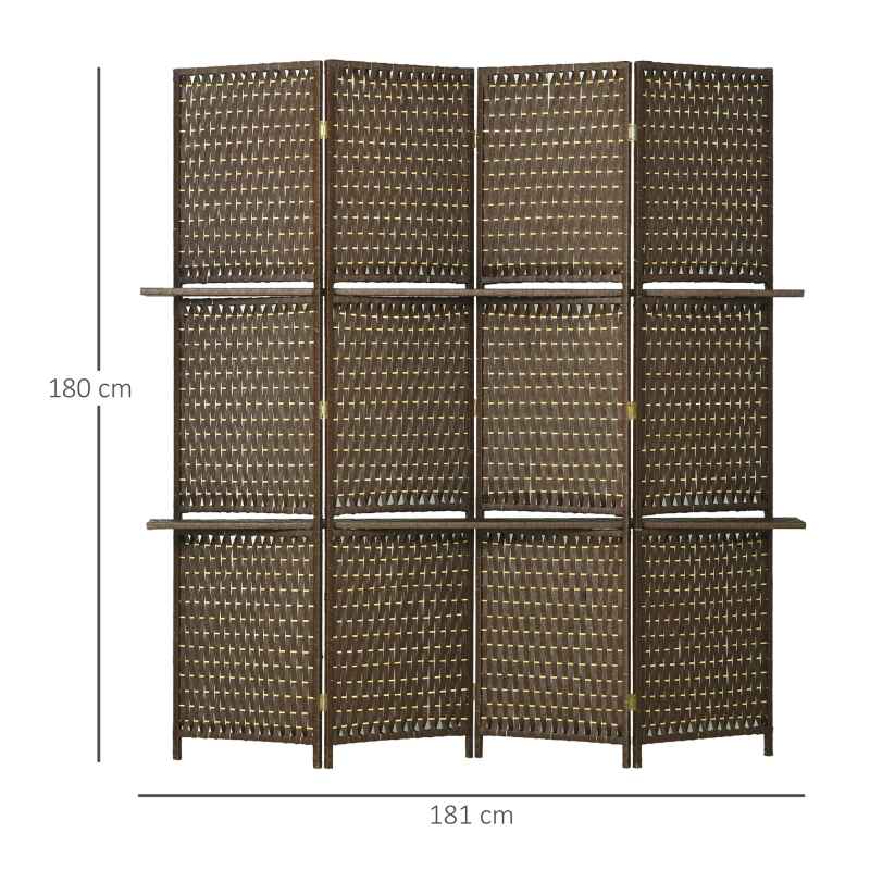 HOMCOM 4-Panel Room Dividers with Shelves, Wave Fibre Freestanding Folding Privacy Screen Panels, Partition Wall Divider for Indoor Bedroom Office, 180?cm, Brown