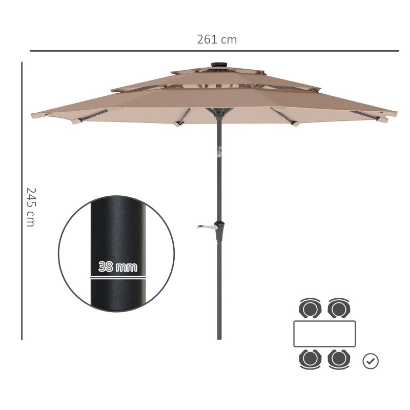 Outsunny 2.6 m Garden Parasol with Solar LED Lights, 3-Tier Patio Umbrella Outdoor with Tilt Mechanism & Crank Handle, UPF 30+, Table Umbrella for Market Terrace, Khaki