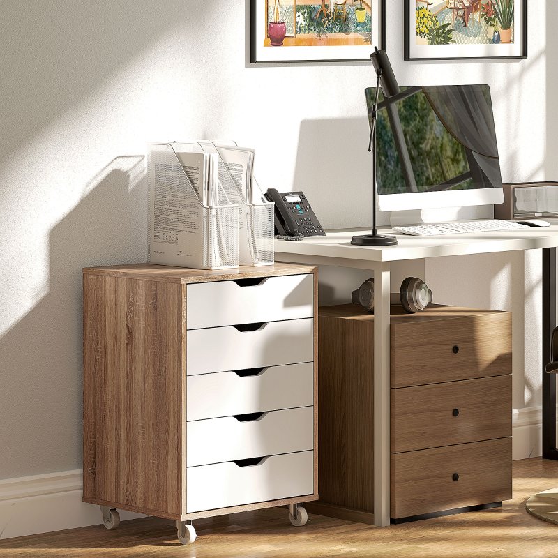 Vinsetto Vertical Filing Cabinet, 5-drawer File Cabinet, Mobile Office Cabinet on Wheels for Study, Home Office, Oak