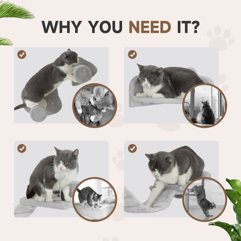 PawHut Cat Wall Shelves, 4 Piece Wall-Mounted Cat Tree with Steps, Ladder, Jumping Platforms, Scratching Posts, Toy Ball, Cat Wall Furniture for Indoor Cats, Light Grey