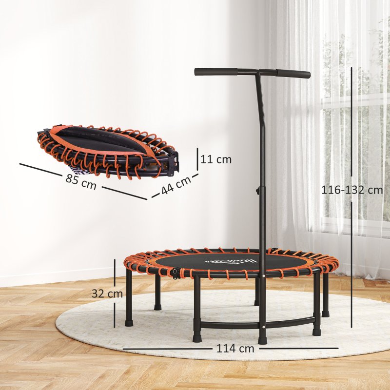 HOMCOM 45" Fitness Trampoline with Adjustable Handle, Folding Rebounder Trampoline Mini Jumper for Indoor Exercise Workout, Support Up to 100kg, Orange