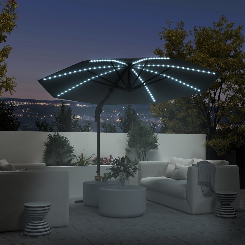 Outsunny 3(m) Cantilever Garden Parasol with Solar Powered Lights, Fibreglass Ribs, Crank Handle & Cross Base, UPF 50+, 360 Rotation, Overhanging Patio Umbrella for Patio Market, Dark Grey