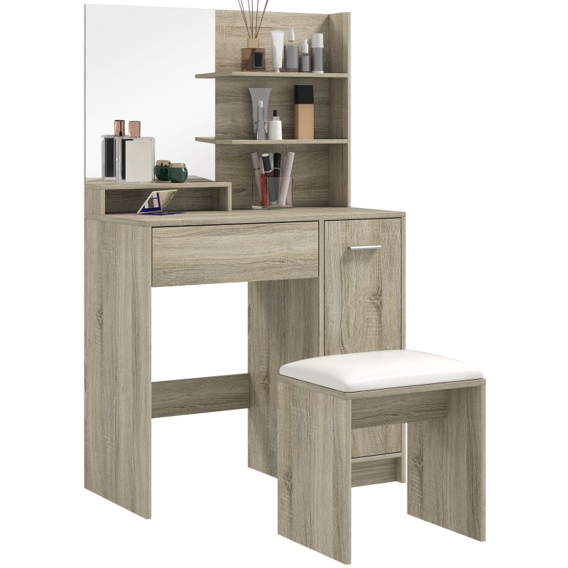 HOMCOM Dressing Table with Mirror and Stool, Vanity Table, Modern Makeup Desk with Drawer, Storage Cabinet and Adjustable Shelf for Bedroom, Natural Wood Finish