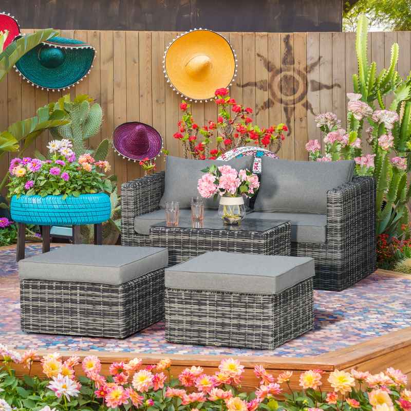 Outsunny 5 Piece Rattan Garden Furniture Set w/ 10cm Thick Cushions, Aluminium Frame Wicker Outdoor Balcony Sofa Set with Corner Armchairs, Ottomans, and Glass Top Table, Mixed Grey