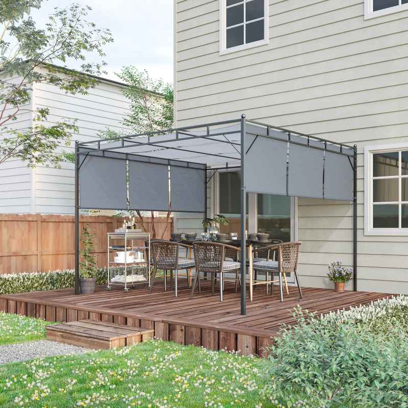 Outsunny 3 x 3(m) Steel Pergola Gazebo with Retractable Roof, Garden Gazebo Canopy Sun Shade Shelter for Outdoor, Deck, Patio, Dark Grey