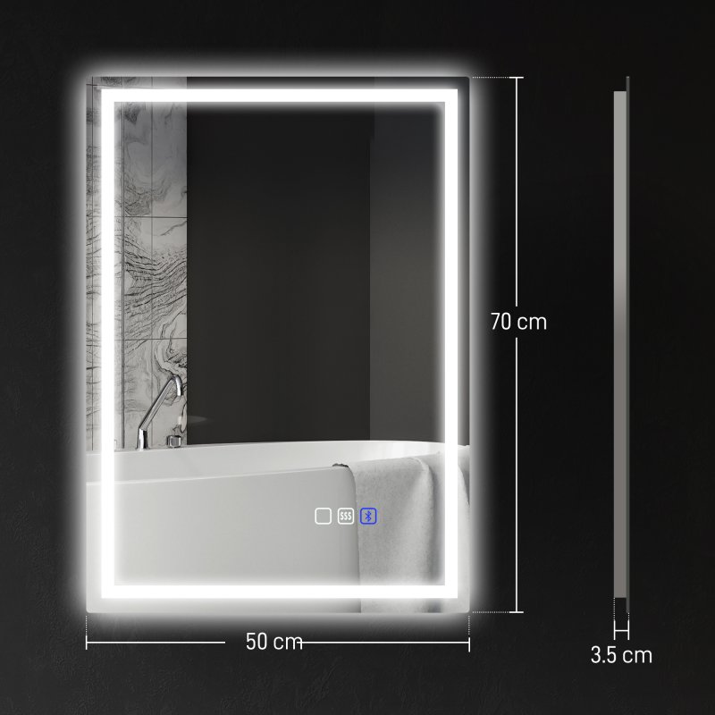 HOMCOM Bluetooth Bathroom Mirror with LED Lights, Illuminated Backlit Wall Mounted Vanity Mirror with 3 Colours Dimmable, Clock, Anti-Fog, Memory & Touch Switch, IP44