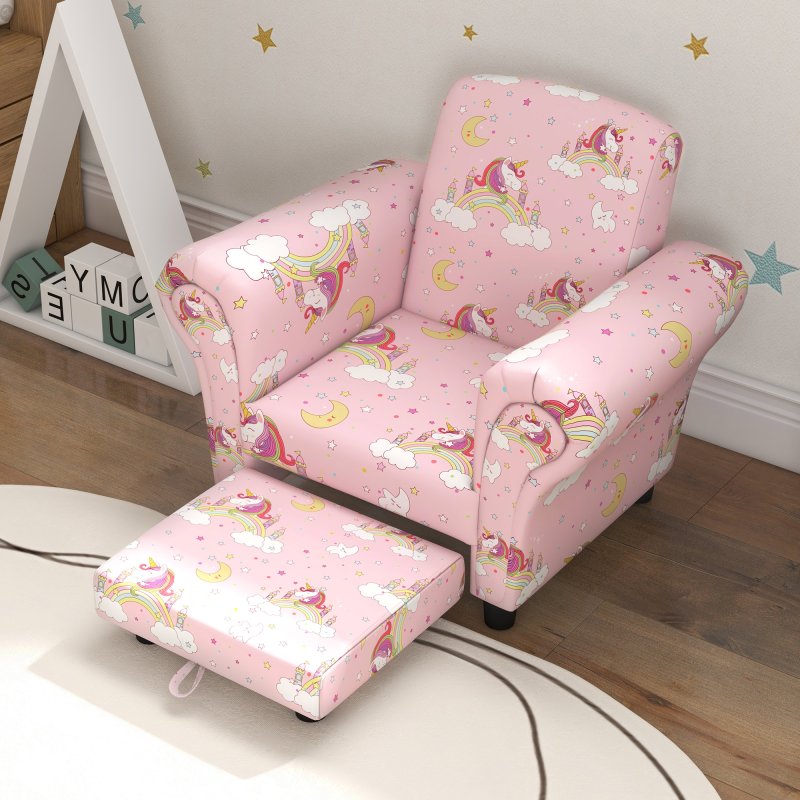 AIYAPLAY Kids Armchair with Stool, 2 Piece Kids Sofa Set with Unicorn Design, Wooden Frame, Upholstered Kids Chair for Bedroom, Playroom, Kid Room, for 1.5-3 Years Old, Pink