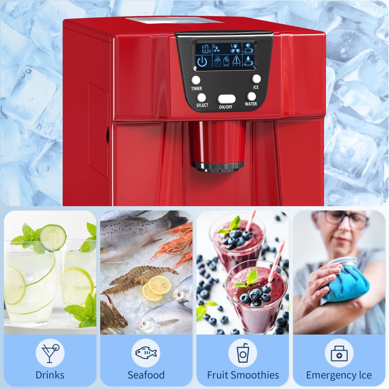 HOMCOM 3L Ice Maker Machine and Water Dispenser, 12kg in 24H, 2 Size Options 9 Ice Cubes Ready in 6-10 Mins Countertop Ice Machine for Home, Kitchen, Office, Bar, Red