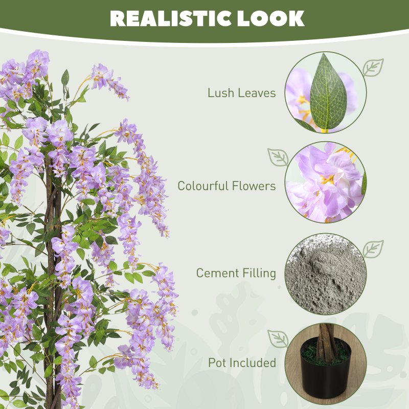 HOMCOM Artificial Wisteria Flower, Tall Fake Plant with 756 Leaves and 54 Flowers in Pot, Decorative Artificial Plant for Home Indoor Decor, 180 cm, Purple