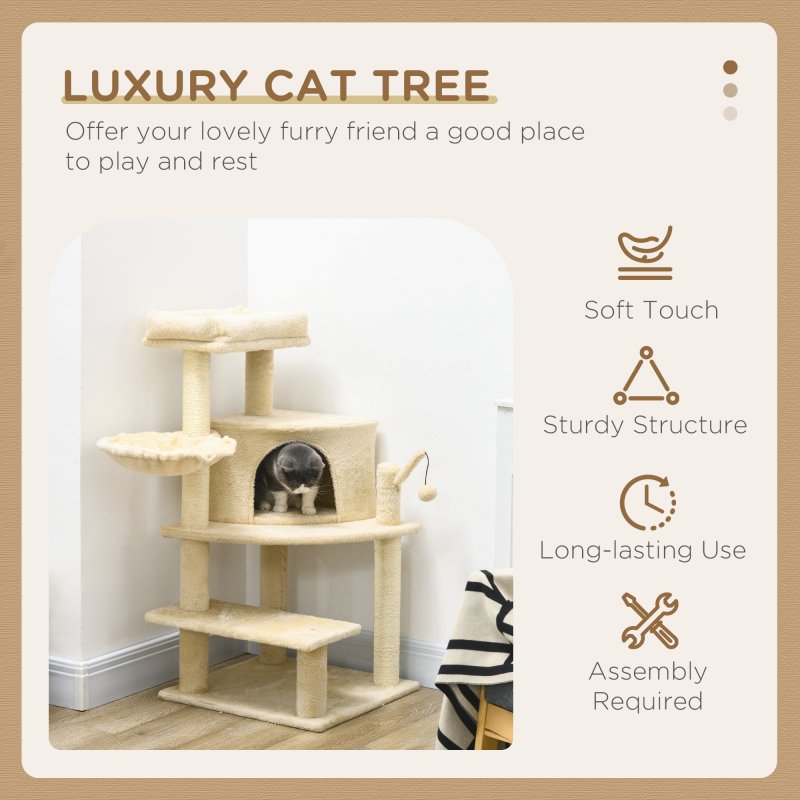 PawHut Cat Tree Tower for Indoor Cats Cat Scratching Post 100cm Climbing Frame Kitten Activity Centre with Sisal Condo Hammock Bed Hanging Toy, Cream White