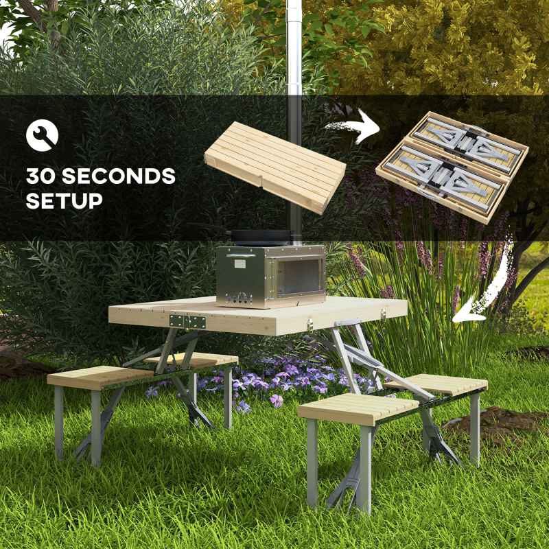 Outsunny Folding Wooden Picnic Table with Seats and Umbrella Hole, Aluminium Frame Portable Camping Table and Chairs Set, for Patio, Yard, Porch and Garden
