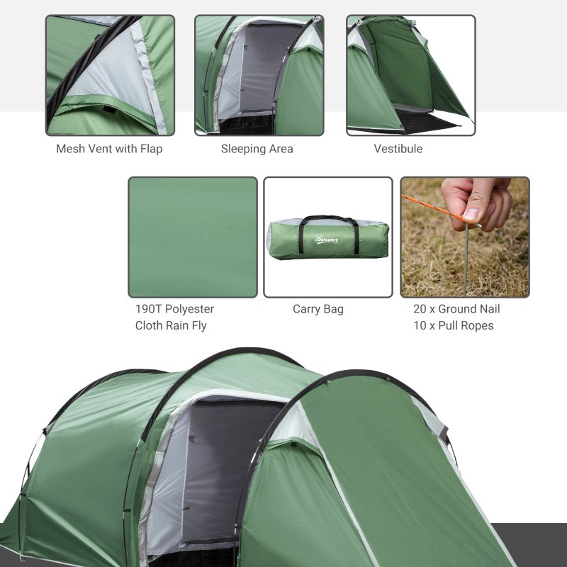 Outsunny 2-3 Person Tunnel Tent with Sewn-in Groundsheet, Air Vents, Rainfly, 2000mm Water Column, Camping Tent with 1 Bedroom, Inbuilt Porch, Living Area for Camping, Hiking, Green