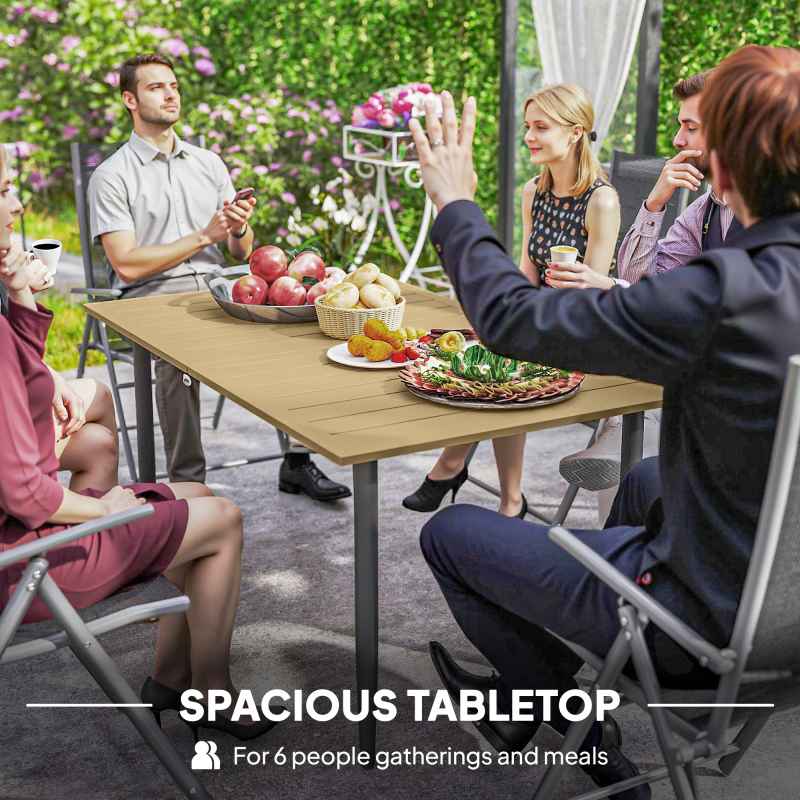 Outsunny Garden Dining Table for 6 Person, Rectangle Outdoor Coffee Table with 5 cm Parasol Hole, Slatted Tabletop and Steel Frame for Patio Balcony, Brown