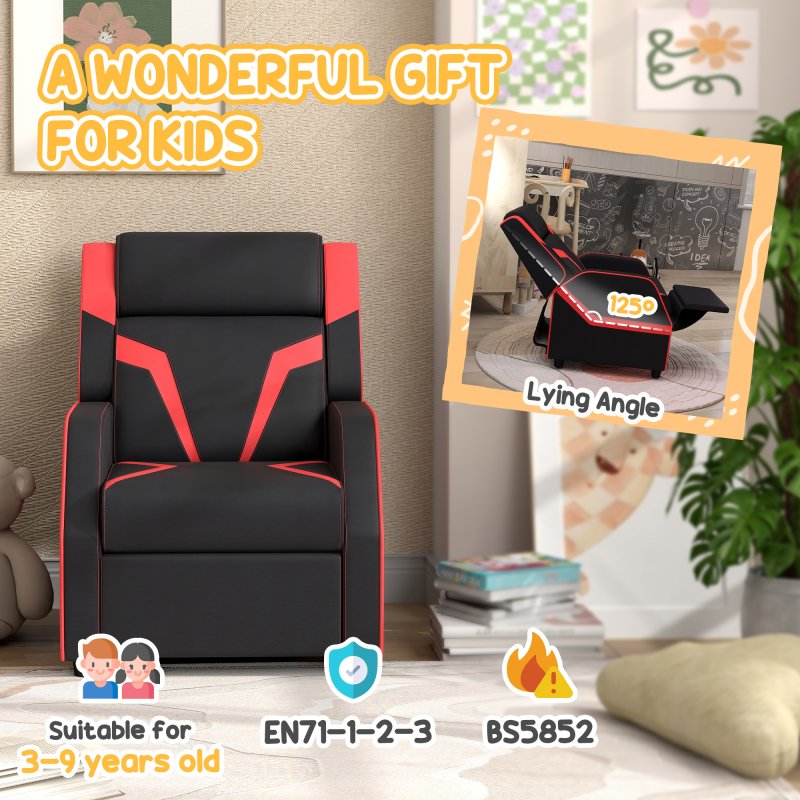 AIYAPLAY Kids Recliner, 2 in 1 Toddler Gaming Recliner with Backrest, Armrest, Footrest, PU Leather Lounge Armchair for Playroom, Bedroom, Kids Room, Black