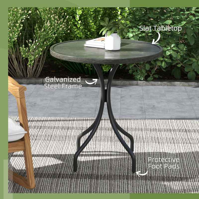 Outsunny ??66cm Garden Side Table, Round Bistro Coffee Table, Outdoor Patio Table with Steel Frame and Slat Tabletop for Balcony and Porch, Grey Wood Grain