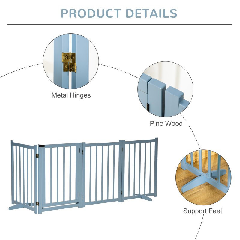 PawHut Wooden Dog Gate, Dog Fence Indoor, 80 cm Tall Freestanding Pet Gate for Small and Medium Dogs with 4 Panels, 2 Support Feet, Blue-Grey