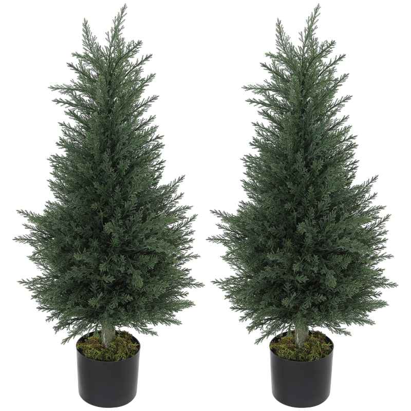 HOMCOM Set of 2 Decorative Artificial Plant, 90 cm Cypress Tree with 362 Leaves in Pot, UV-Resistant Plastic Fake Tree for Indoor Outdoor Home Office