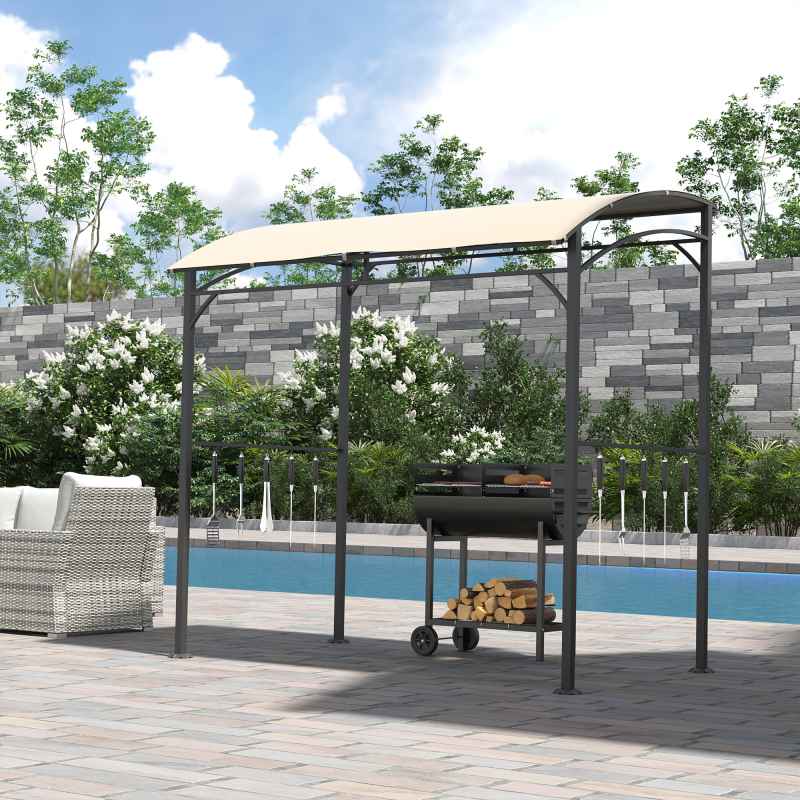 Outsunny 2.2 x 1.5 m BBQ Grill Gazebo Tent, Garden Grill with Metal Frame, Curved Canopy and 10 Hooks, Outdoor Sun Shade, Beige