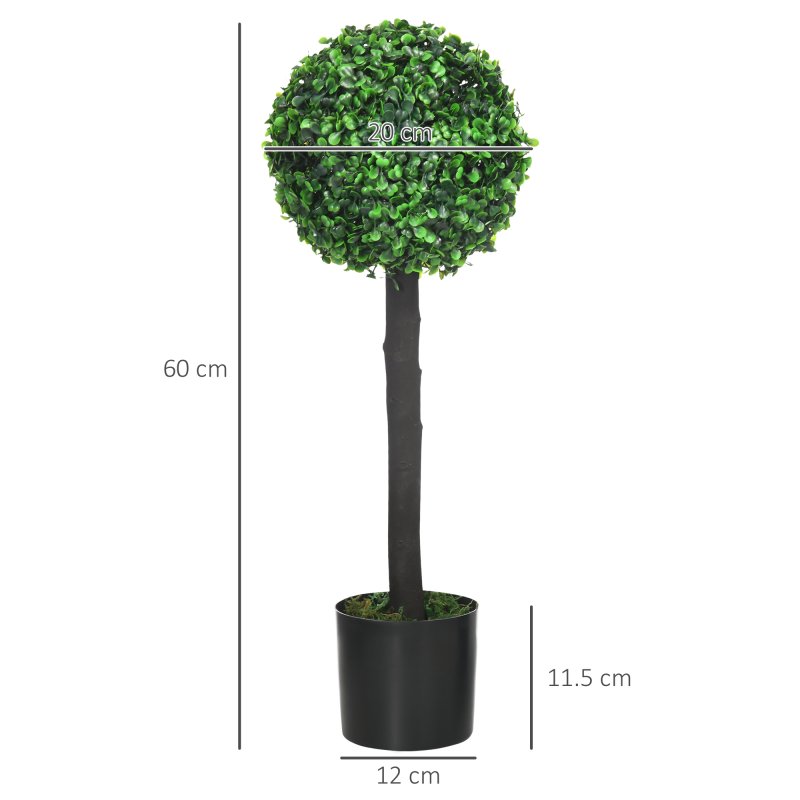 HOMCOM Set of 2 Decorative Artificial Plants Boxwood Ball Trees in Pot Fake Plants for Home Indoor Outdoor Decor, 60cm