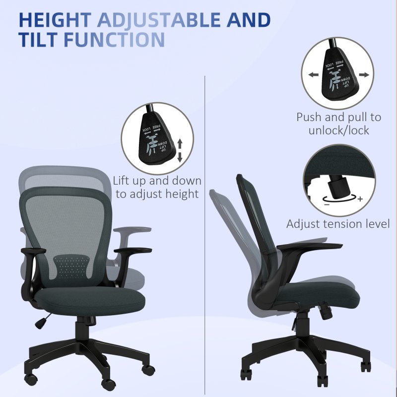 Vinsetto Mesh Office Chair, Ergonomic Computer Desk Chair with Flip-up Armrest, Lumbar Back Support, Adjustable Height, Swivel Wheels, Charcoal Grey
