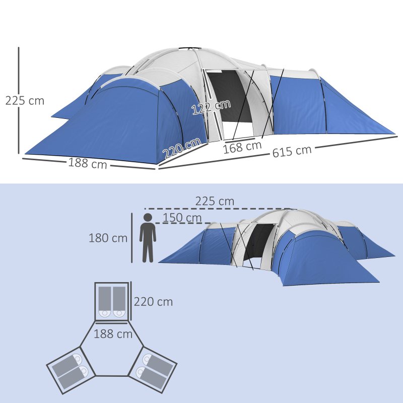 Outsunny 6-9 Man Large Tunnel Tent with 3 Bedroom, Living Area and Porch, 2000mm Waterproof Camping Tent, Portable with Bag, for Fishing Hiking Festival, Blue