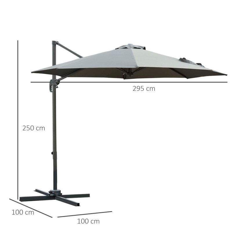 Outsunny 3(m) Patio Offset Parasol Roma Umbrella Cantilever Hanging Sun Shade Canopy Shelter Tilt 360 Rotation with Aluminium Frame Hand Crank Cross Base, Dark Grey