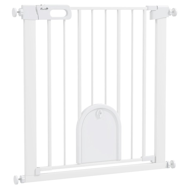PawHut Dog Gate with Cat Flap Pet Safety Gate Barrier, Stair Pressure Fit, Auto Close, Double Locking, for Doorways, Hallways, 75-82 cm White