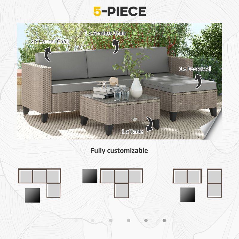 Outsunny 5 Pieces PE Rattan Garden Furniture Set, 4 Seater Garden Corner Sofa Set with Glass Coffee Table, Wicker Outdoor Furniture Set with Cushions for Patio Deck, Brown