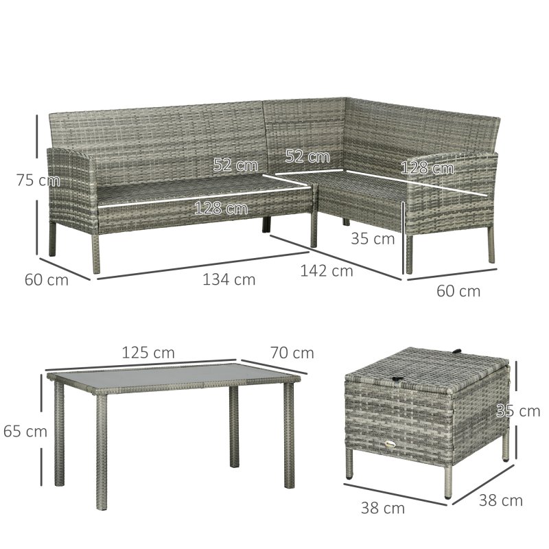 Outsunny 5 Pieces Rattan Garden Furniture Set, 6 Seater Wicker Dining Set, Corner Garden Sofa Outdoor Furniture Set with Glass Top Table, Footstool and Cushions for Patio, Dark Blue